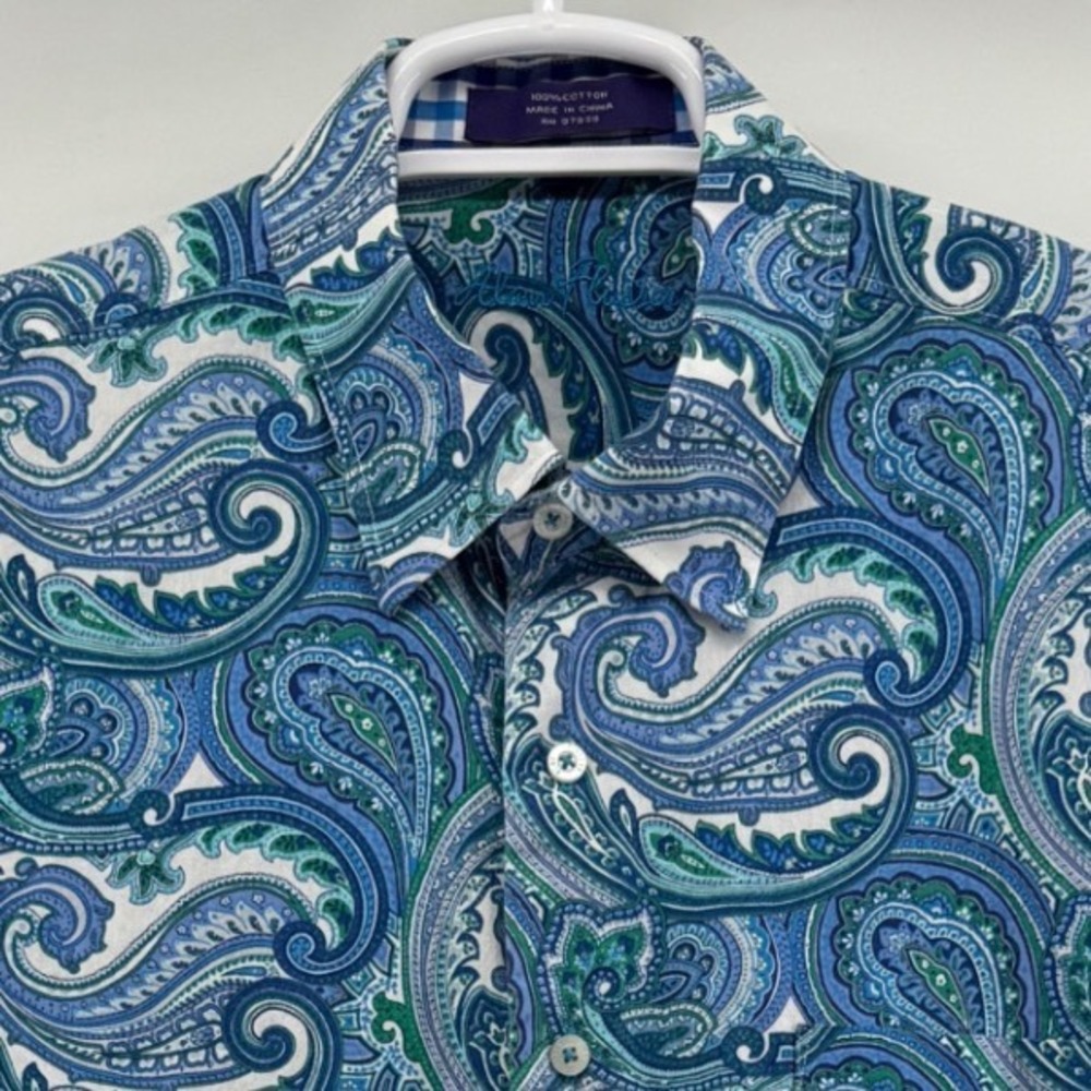 Alan Flusser Mens XL Blue Green Paisley Cotton Long Sleeve Button Down Shirt